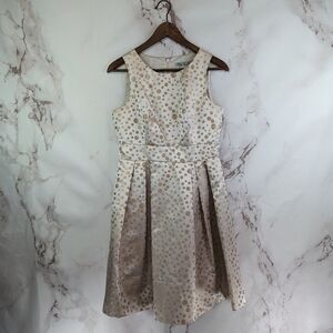 Eliza J Dress Women 4 Small Gold A Line Pleated Holiday Polka Dot Metallic